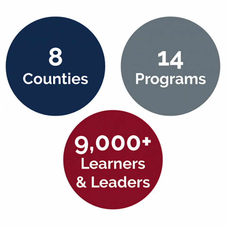 An infographic with three circles. Circle one reads "14 programs", circle two reads "8 counties supported", circle 3 reads "9,000+ learners & leaders"